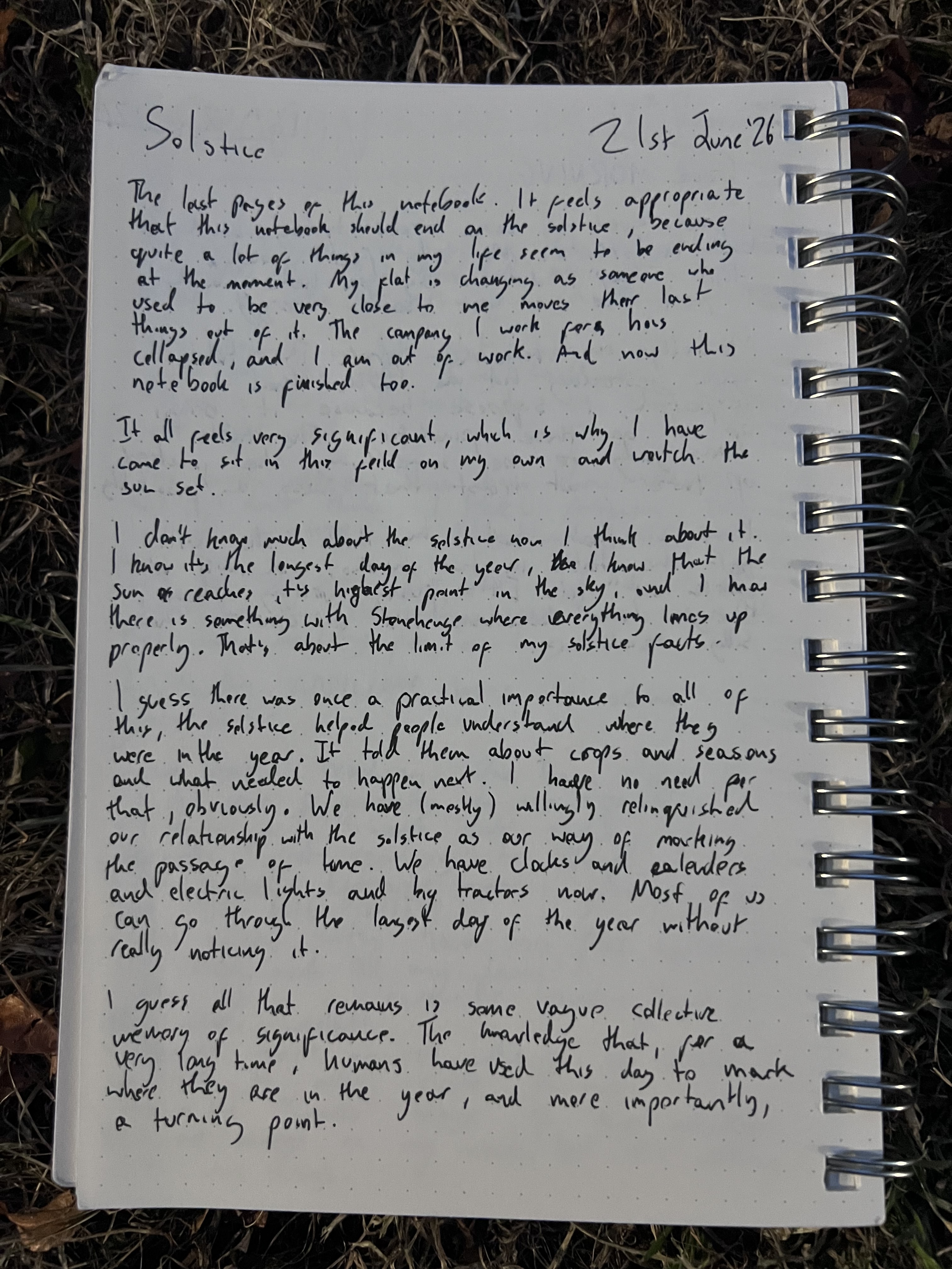 A handwritten diary page reflecting on endings at the summer solstice