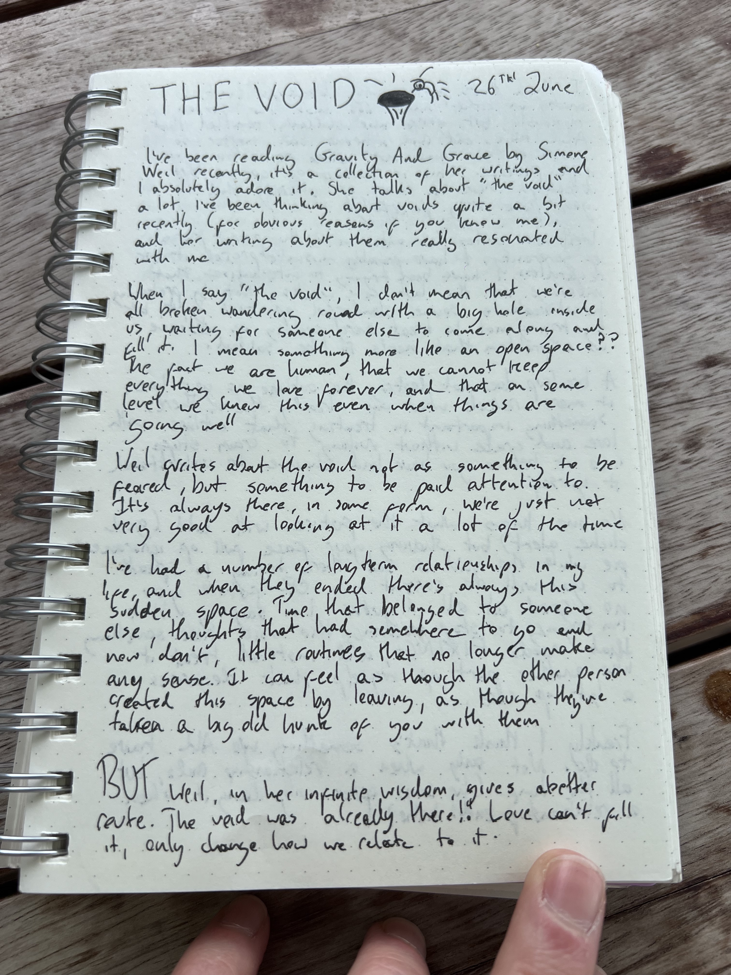 A handwritten diary page titled The Void with a small void drawing