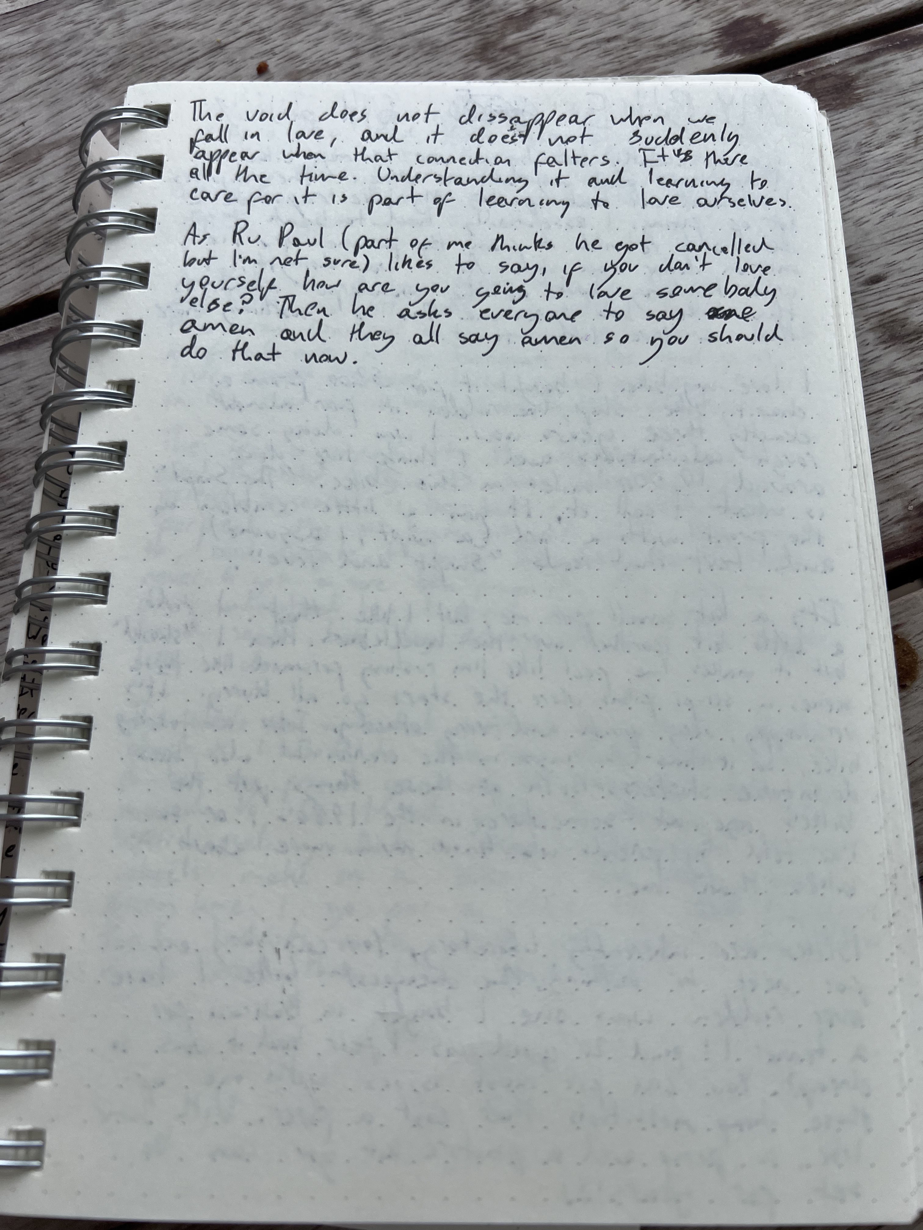 A handwritten diary page about caring for the void and loving yourself