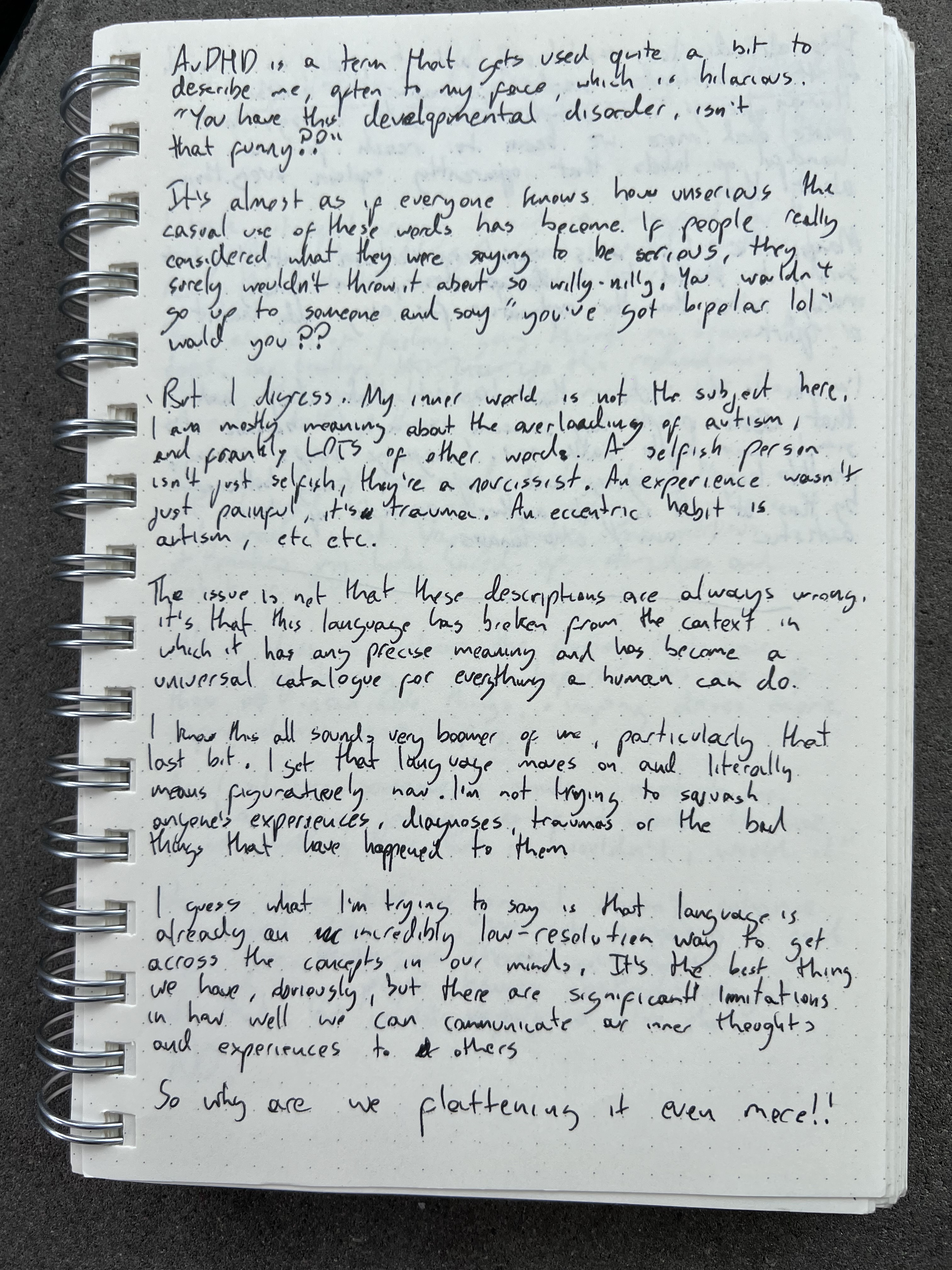 A handwritten diary page about casual diagnostic labels and low-resolution language