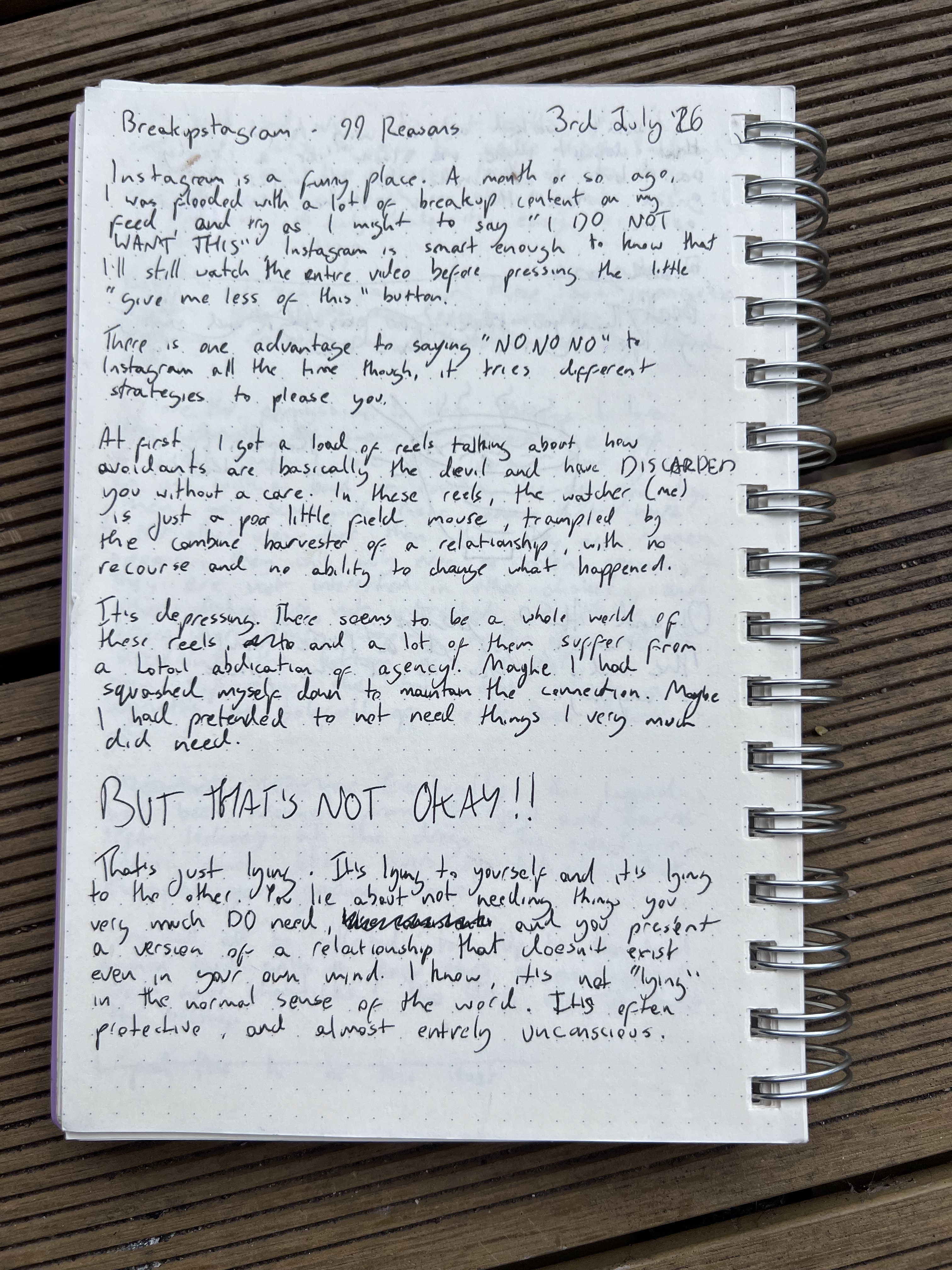 A handwritten diary page titled Breakupstagram: 99 Reasons