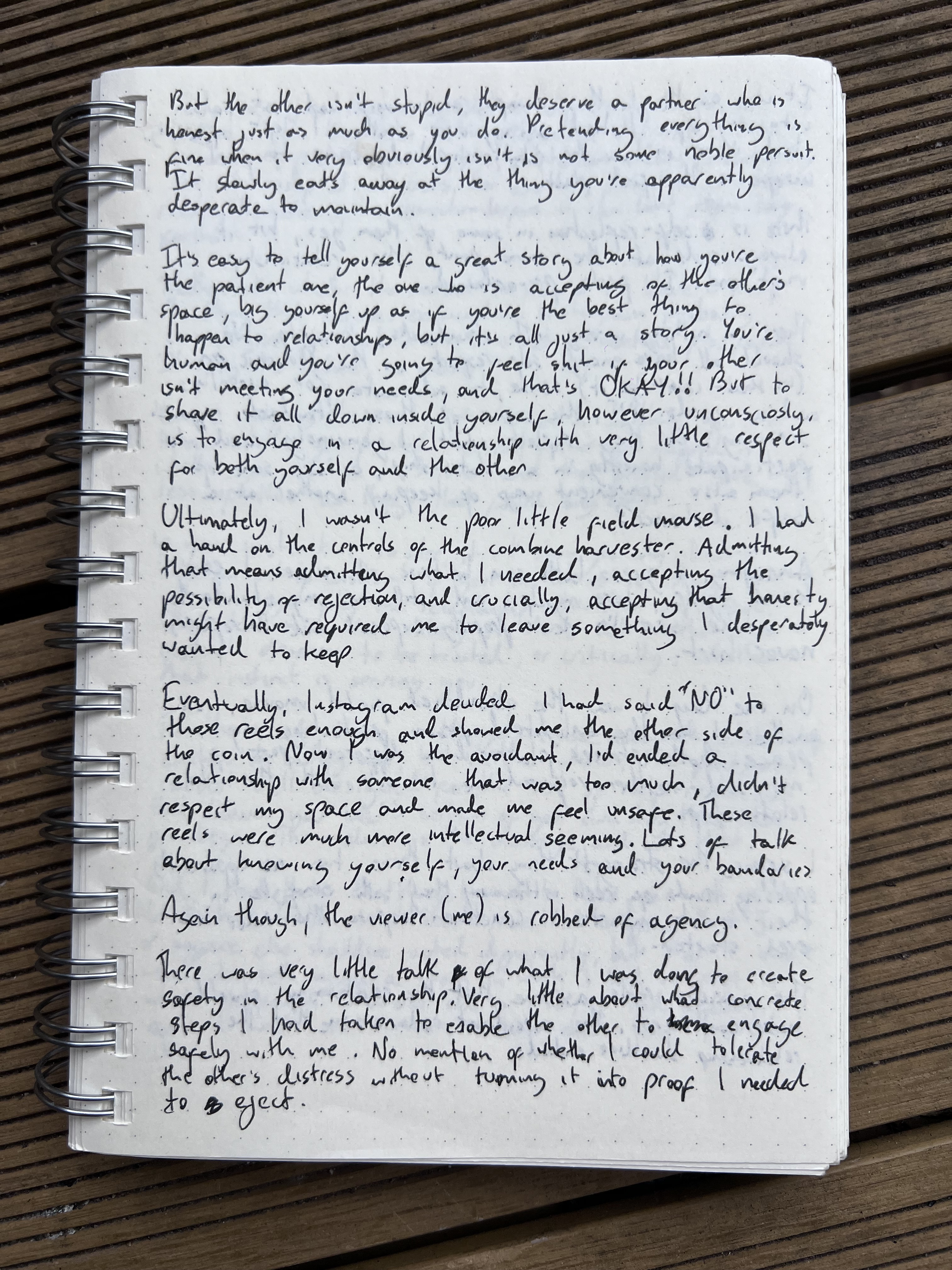 A handwritten diary page about honesty, agency and relationship reels