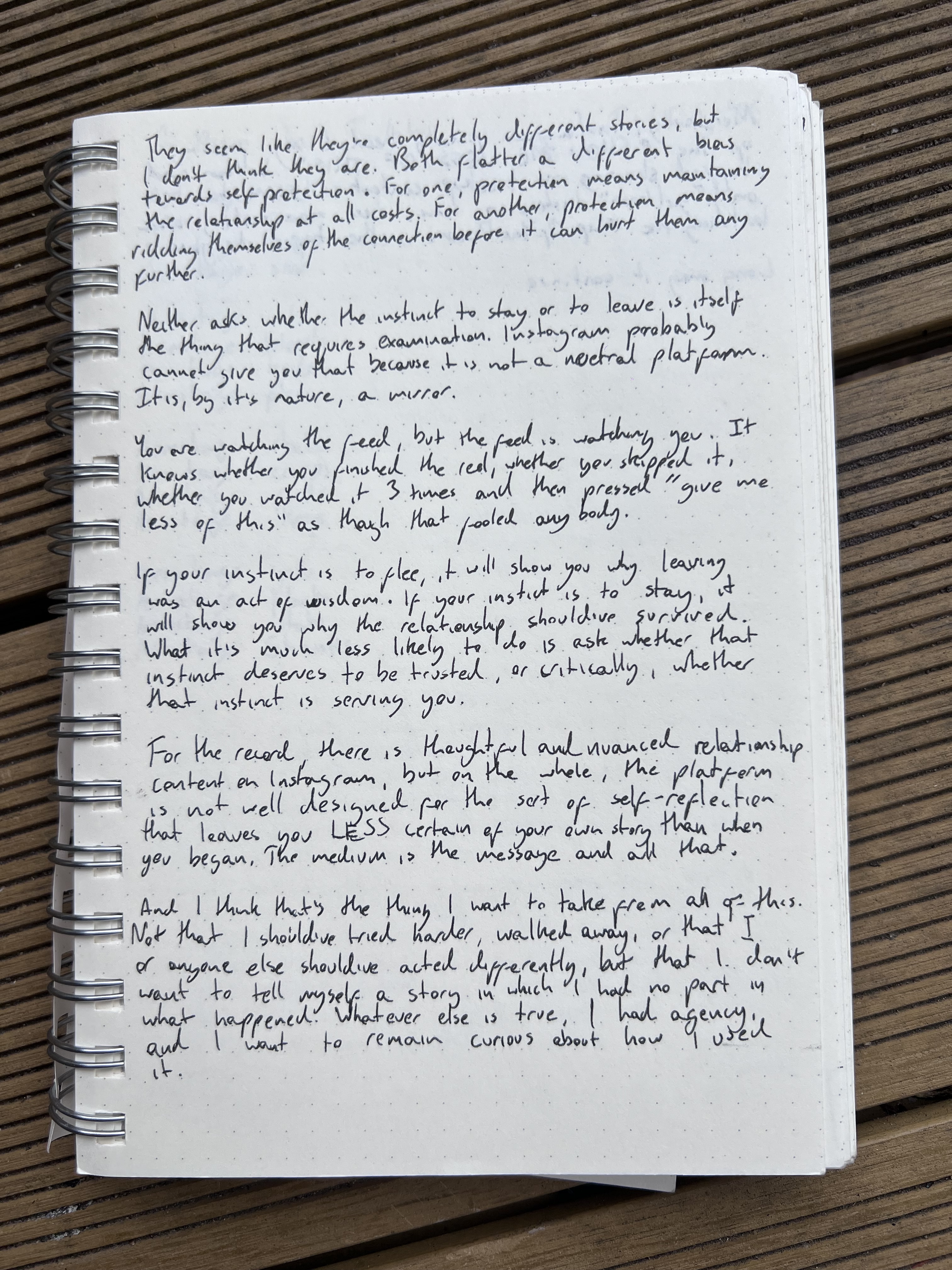 A handwritten diary page about Instagram mirroring self-protective instincts