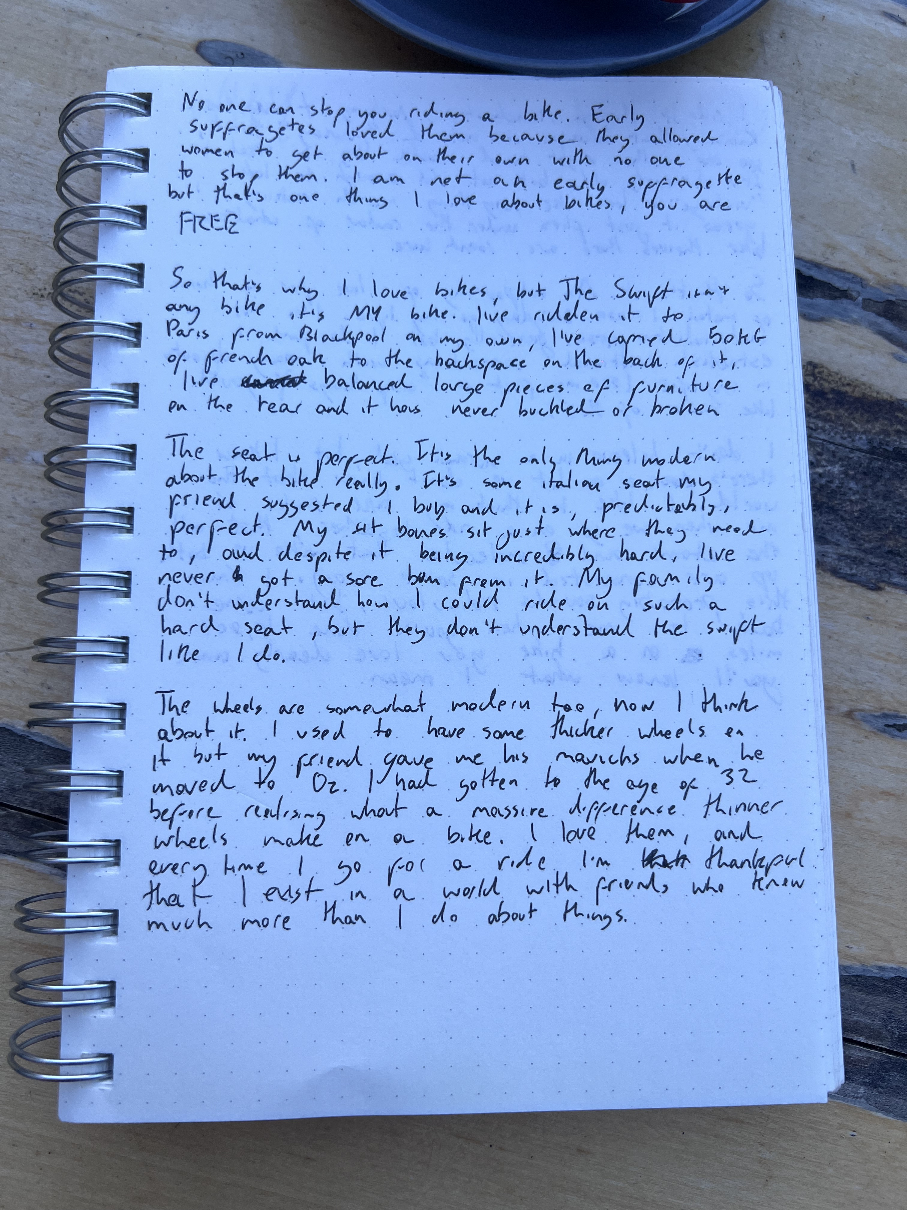 A handwritten diary page about bicycle freedom and memories with The Swift