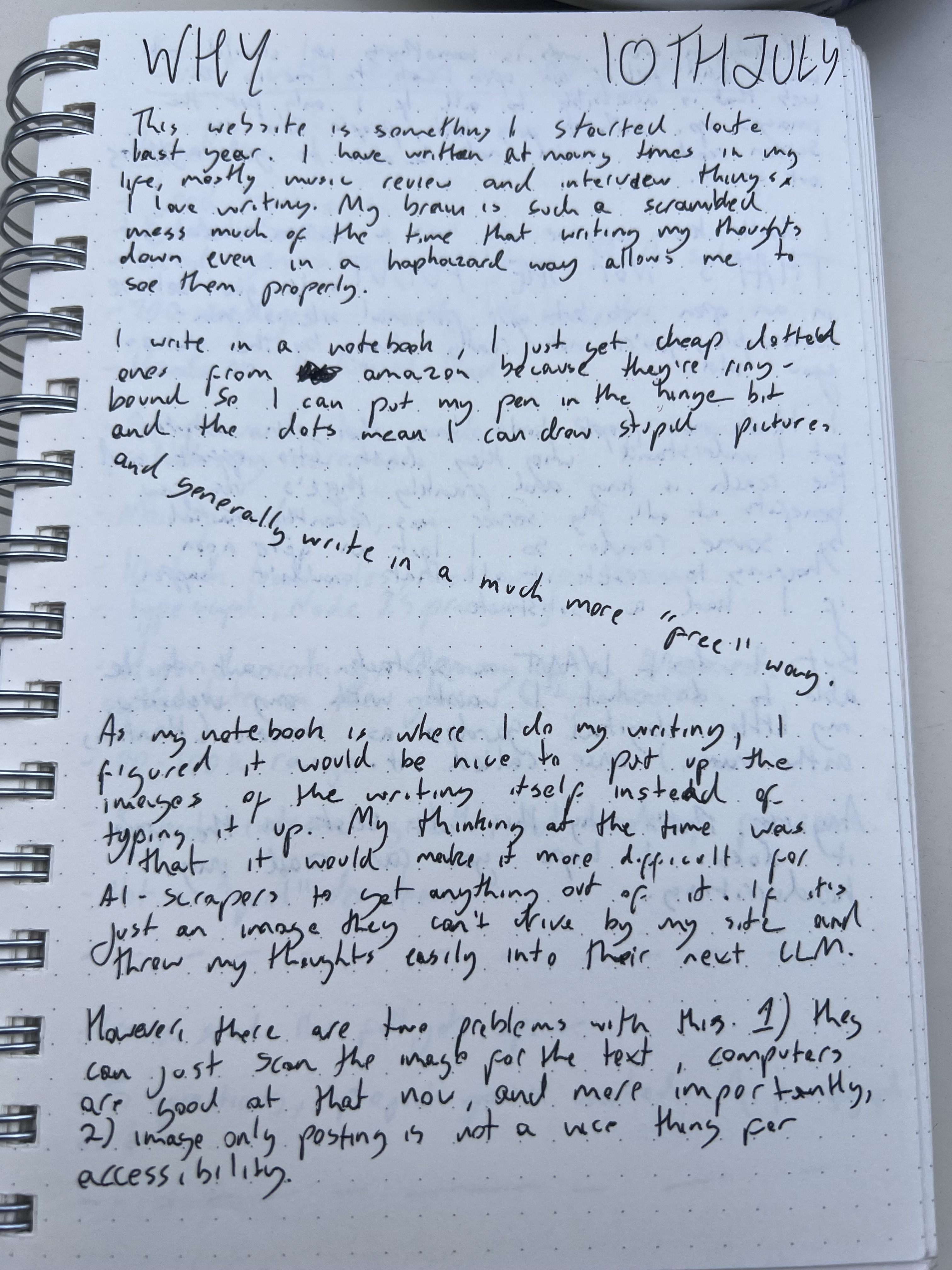 A handwritten diary page titled Why, about writing thoughts down and posting notebook images