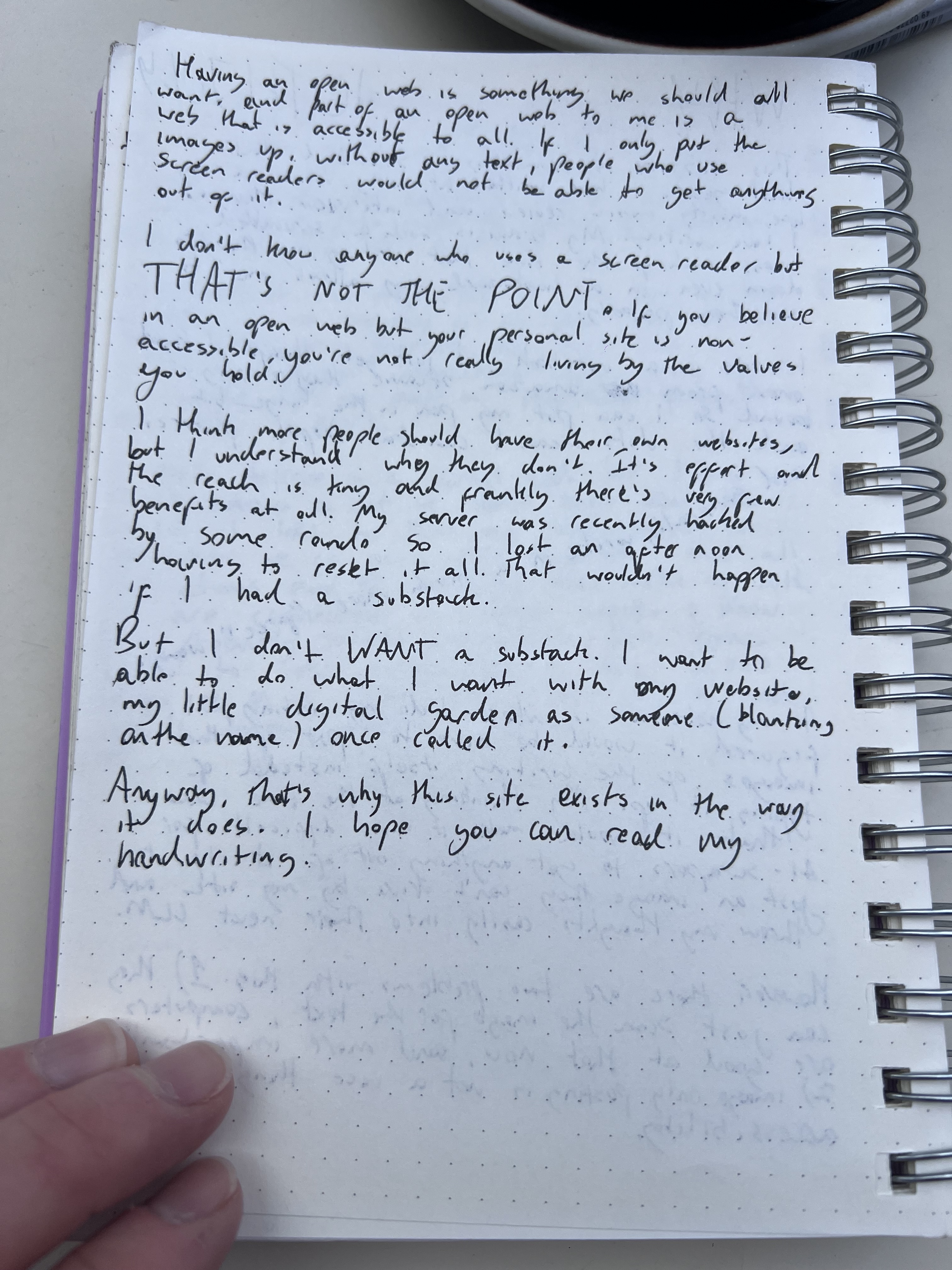 A handwritten diary page about accessibility, the open web, and wanting a personal website
