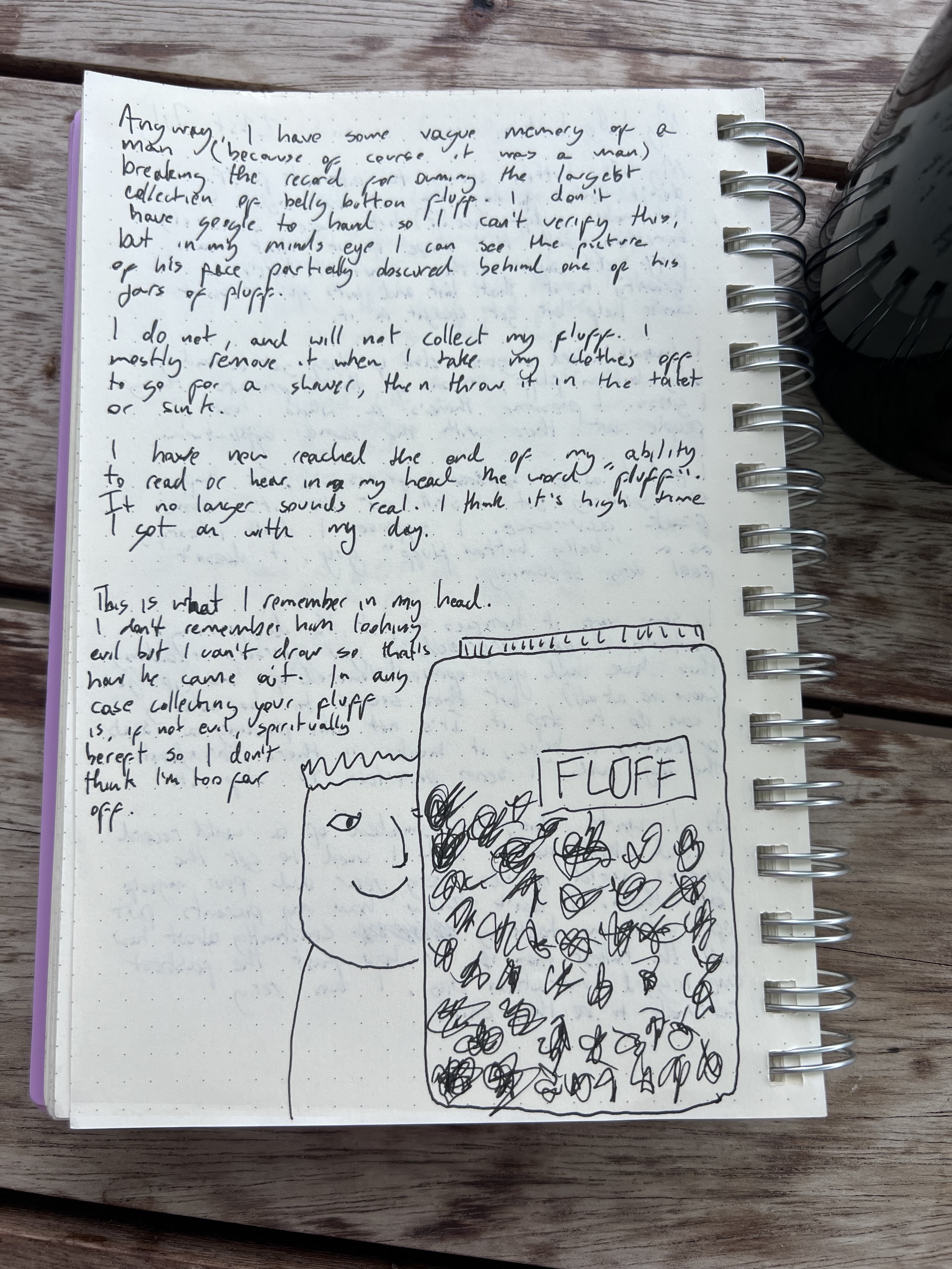 A handwritten diary page about a world record belly button fluff collection, with a drawing