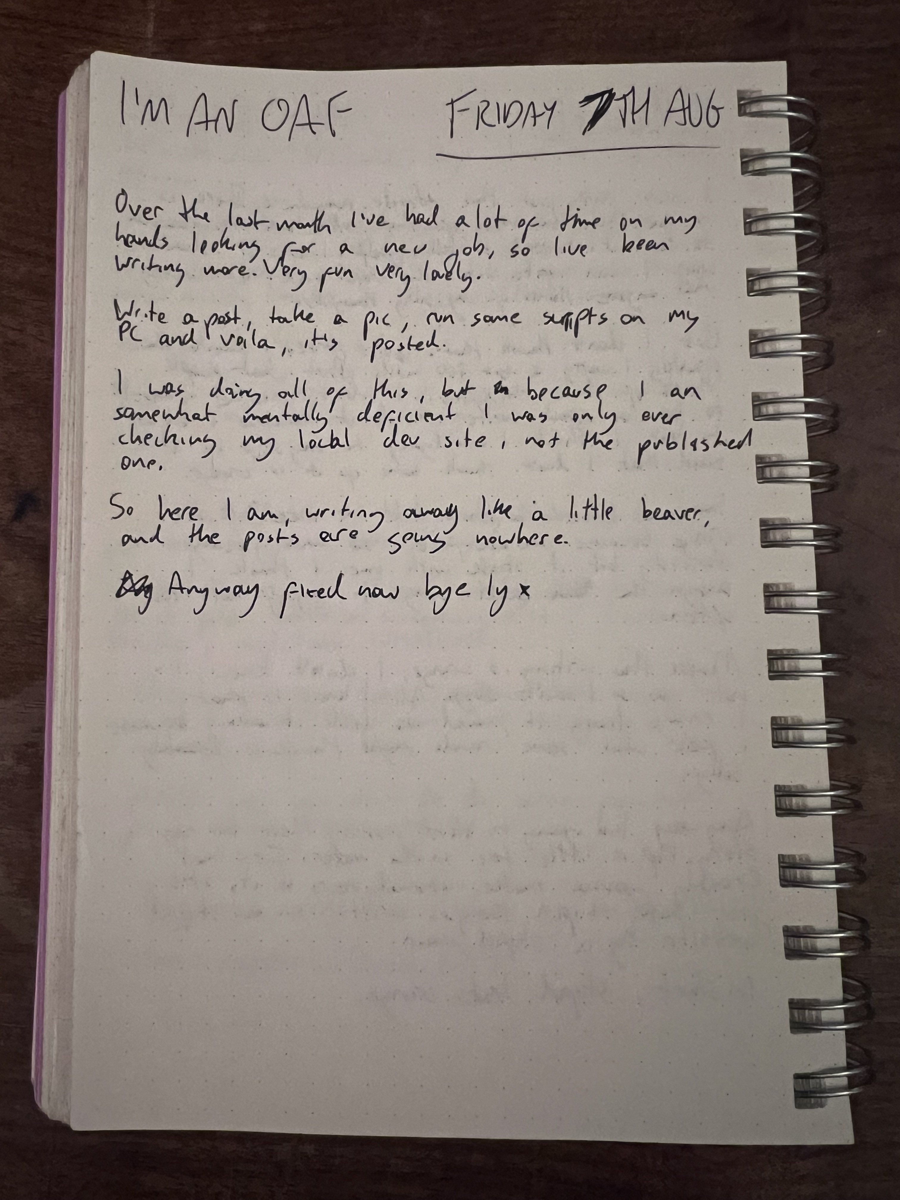 A handwritten diary page titled I'm An Oaf, about writing posts to a local dev site by mistake