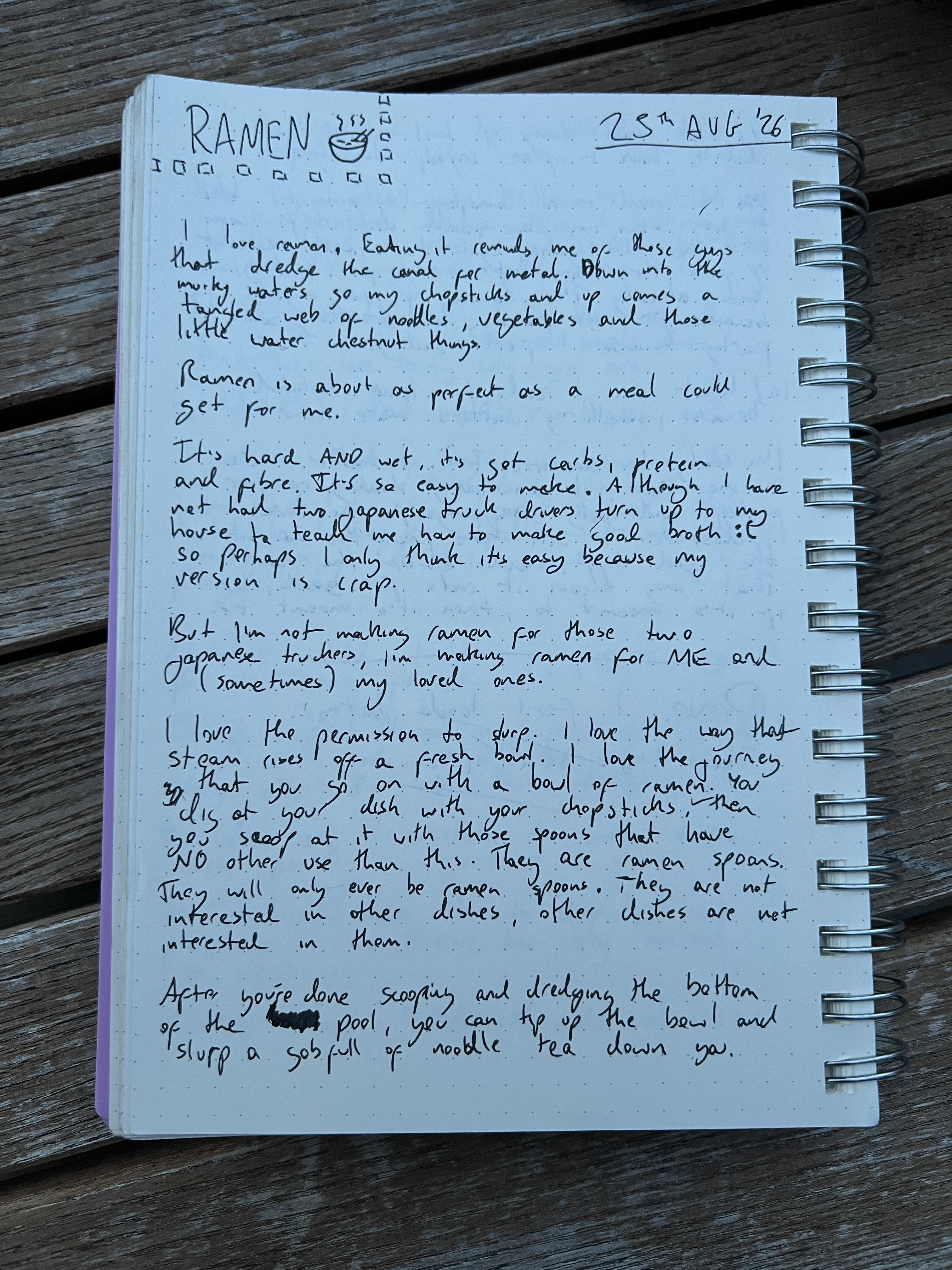 A handwritten diary page titled Ramen, describing the appeal of ramen as a meal